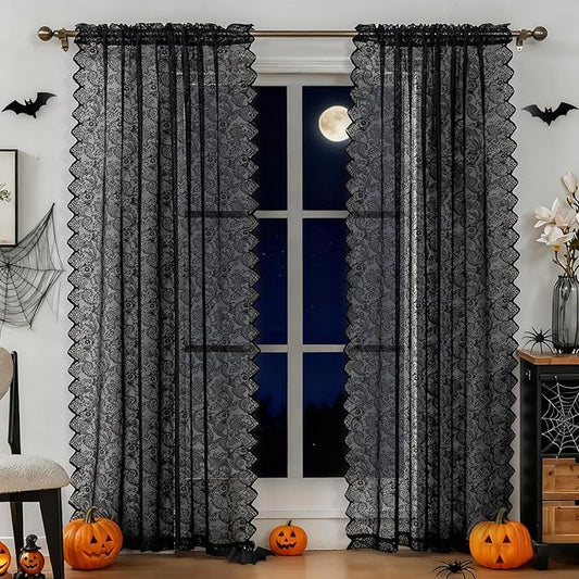 Black Lace Sheer Curtains – Vintage Floral Lace for Bedroom/Living Room, Halloween Curtains Gothic Privacy Light Filtering Rod Pocket Window Drapes, 52W x 96L Inch, 2-Panel Set