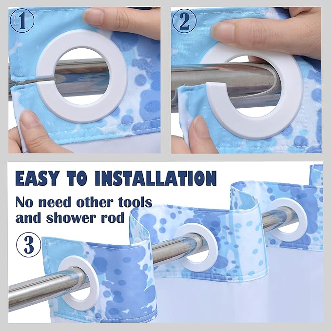 Conbo Mio No Hook Shower Curtain with Snap in Liner Set, Hotel Luxury Blue Shower Curtains for Bathroom with See Through Top Window, Waterproof, Washable 71W x 74H