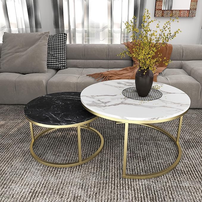 Nesting Coffee Table Set of 2, 31.5" Round Coffee Table Wooden Marble Pattern Accent Furniture, Industrial End Table for Living Room Bedroom Balcony (WhiteBlack/Gold)