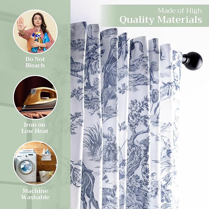 Maison d' Hermine Curtains for living room 100% Cotton 124 inch length One Panel Light Filtering Toile Curtains for Bedroom with rod and loop Pockets (The Miller Blue (White Background), 50"W x 124"L)