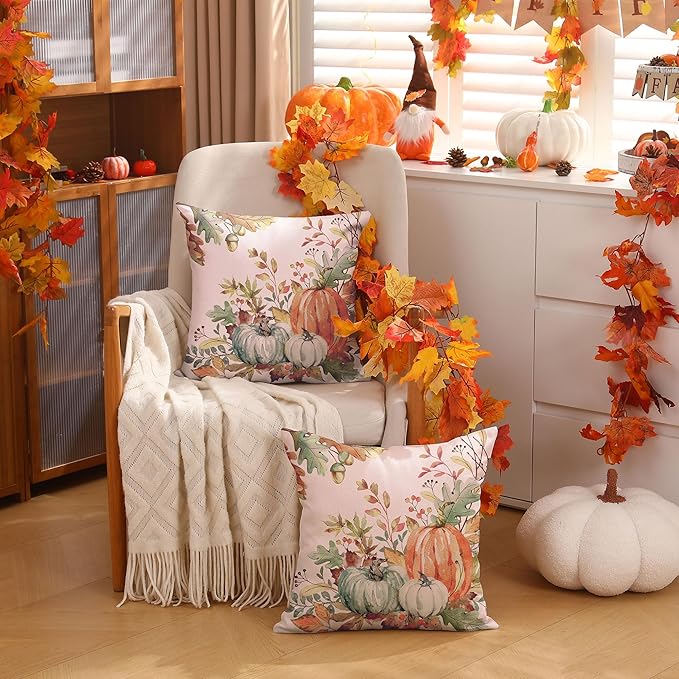 DFXSZ Fall Pillow Covers 20x20 inch Set of 2 Orange and Green Watercolor Pumpkin Fallen Leaves Decorative Throw Pillow Covers Autumn Thanksgiving Farmhouse Decoration for Home Couch TH27-D20