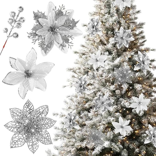 Floweroyal 30pcs Poinsettia Artificial Christmas Flowers Decorations with Clips and Berry Stems Glitter Ornaments for Christmas Tree Wreath Fireplace Stairs Decor (Silver-3 Styles)