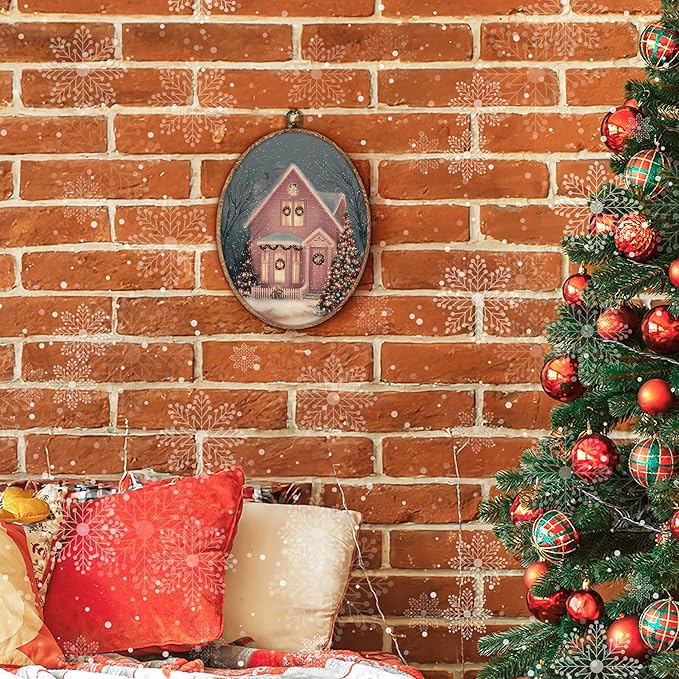 Hxlac Pink Christmas Cottage Oval Wall Art Framed, Christmas Snowy Winter Oval Wall Decor, Cozy Winter Holiday Hanging Canvas Prints Wall Sculptures for Farmhouse Home Bedroom Decor, 8.5x11.5 Inch