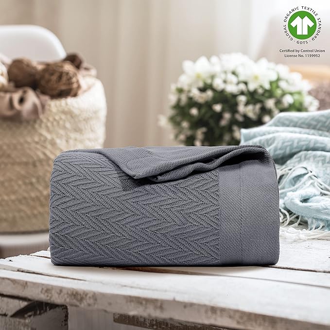 THREAD SPREAD Organic GOTS Cotton Blanket, Full/Queen - 350 GSM, Antistatic, Fuzzy Soft, Lightweight, Sofa, Camping & Travel, Perfect Herringbone All Seasons Throw, Dark Grey with Free Tote Bag
