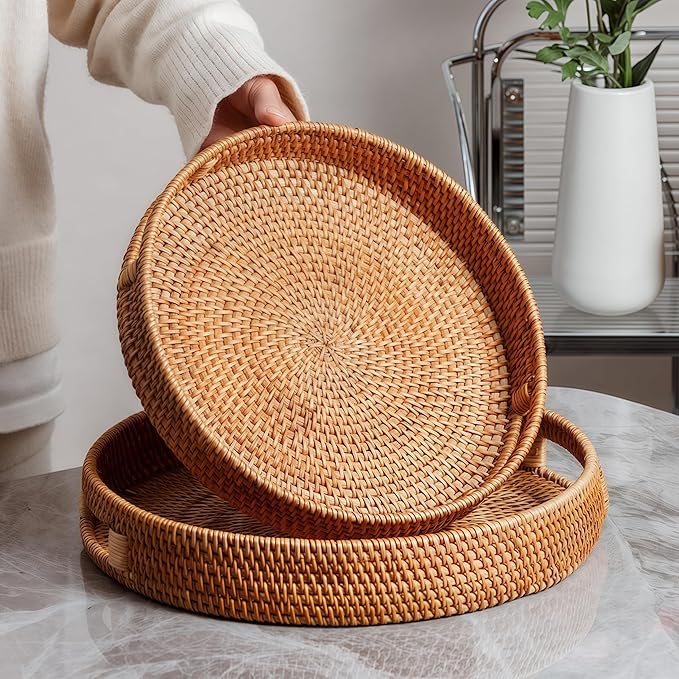 16.9" Round Rattan Tray, Hand Woven Serving Tray with Handles, Wicker Serving Basket, Decorative Tray for Home Decor, Natural