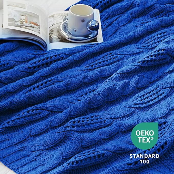 Amélie Home Chunky Knit Throw Blanket, Dual-Sided Soft Chenille Breathable Cable Knitted Blanket for Couch, Farmhouse Decorative Throw for Sofa & Chair, 50"x60", Blue