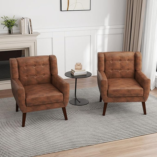 UIXE PU Leather Accent Chairs Set of 2, Modern Arm Club Chair Upholstered Armchair for Living Room, Comfy Single Sofa Seats Button Tufted Reading Seating, Coffee