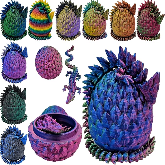 3D Printed Dragon Egg Articulating Gemstone Dragon Fidget Figurine - Vibrant Color Dragons Flexible ADHD, Autism and Anxiety Relief - Articulated Joints (Blue Green Purple)