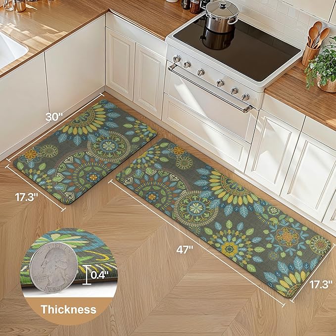 GENIMO Kitchen Mats for Floor 2PCS, Cushioned Kitchen Rugs Non Slip Washable, Farmhouse Anti Fatigue Mat Waterproof, Comfort Standing Mat Rug for Office, Home, Laundry, 17.3"x47"+17.3"x30", Green