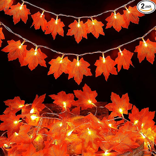 2 Pack Fall Decorations for Home,Fall Lights Battery Operated,Total 20FT 40 Led Maple Leaf Garland with Lights String for Halloween Thanksgiving Autumn Harvest Friendsgiving Indoor Outdoor