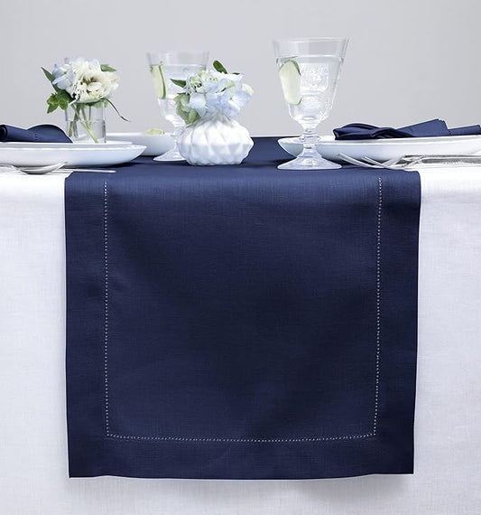 Solino Home Linen Navy Blue Table Runner 72 Inches Long - 100% Pure Linen Hemstitch Table Runner 14 x 72 Inch for Dresser, Dining, Fall, Autumn, Halloween, Thanksgiving, Christmas - Classic Hemstitch