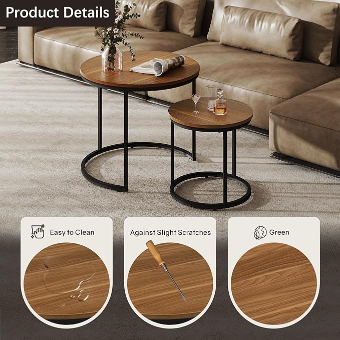 Nesting Tables Set of 2, Round Coffee Table, Small Nesting Coffee Table with Adjustable Non-Slip Fee, Wood Grain Top Nesting Tables for Living Room, Bedroom (Wood Grain Brown)