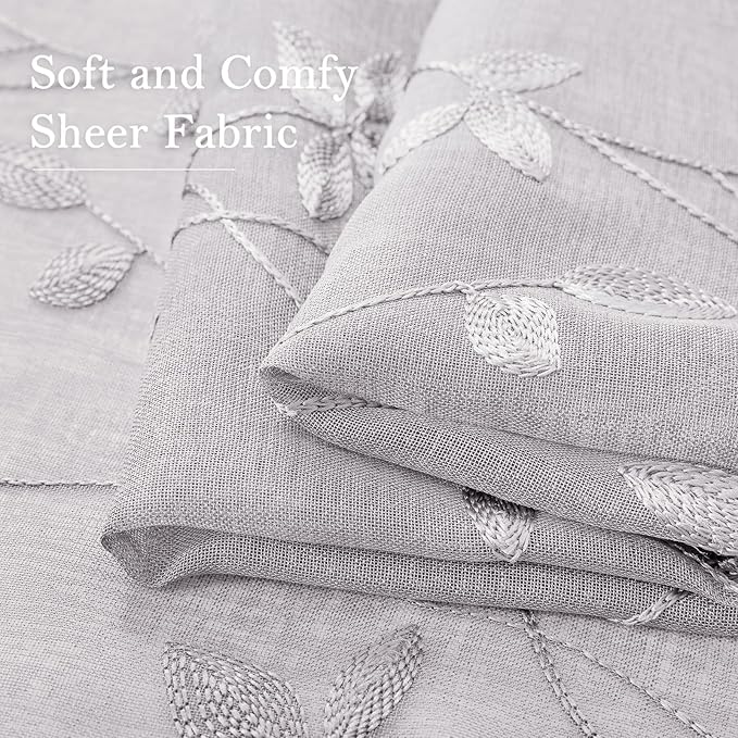 HOMEIDEAS Light Grey Sheer Curtains 52 X 84 Inches Length 2 Panels Embroidered Vine Floral Pattern Pocket Faux Linen Semi Sheer Voile Window Drapes for Bedroom Living Room