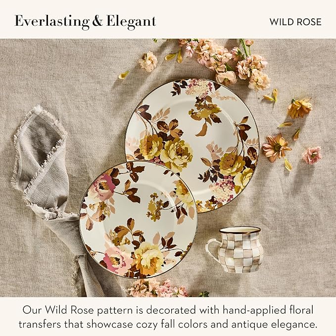 MACKENZIE-CHILDS Enamel Round Tray, Unique Serving Platter for Food and Drinks, Wild Rose White