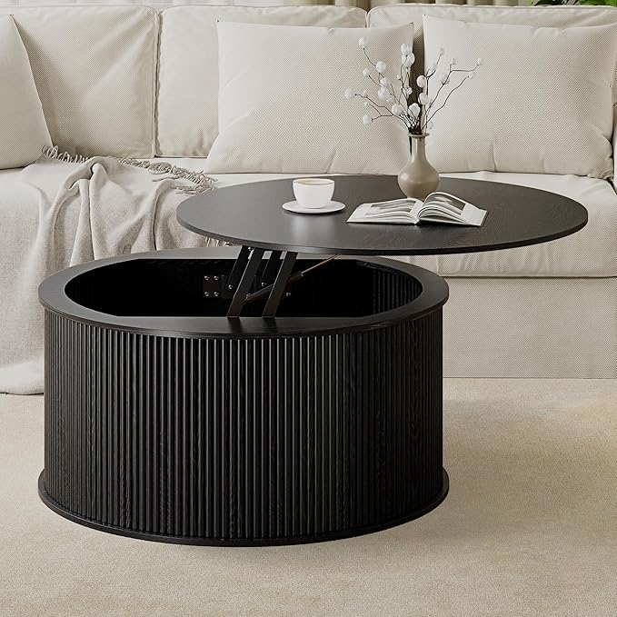 Lift Top Coffee Table, Fluted Round Coffee Table with Storage, Farmhouse Center Dining Table Circle Table for Living Room, Apartment, Home Office (Black)