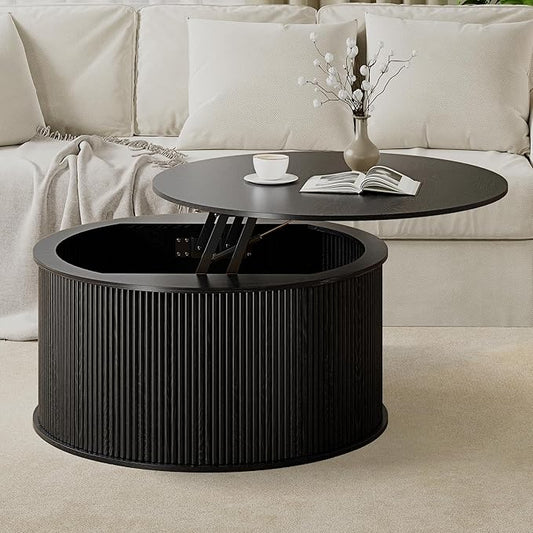 Lift Top Coffee Table, Fluted Round Coffee Table with Storage, Farmhouse Center Dining Table Circle Table for Living Room, Apartment, Home Office (Black)