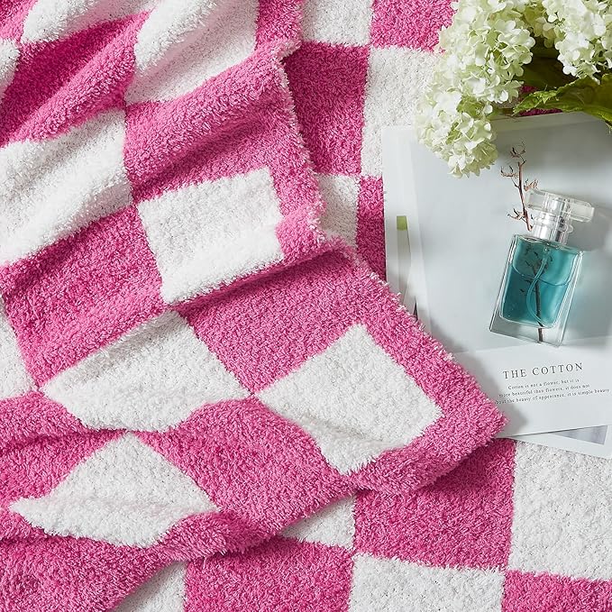 WRENSONGE Checkered Throw Blanket, Hot Pink Soft Cozy Fluffy Warm Hand Made Throw Blankets for Couch, Sofa, Chair, Bed, Camping, Picnic, Travel Lightweight Bed Blanket - 50"*70"