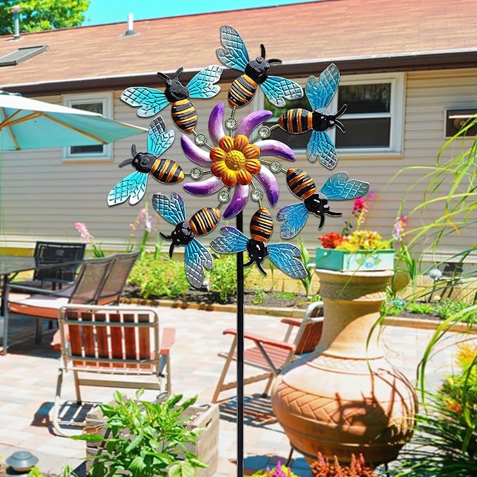 39" Bee Wind Spinners Metal Garden Stake-Outdoor Yard Windmill-Wind Sculpture Yard Art Decorations for Patio,Lawn & Garden