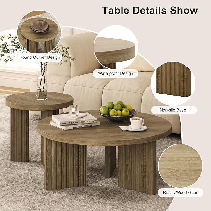 Nesting Coffee Table Set of 2, Modern Wooden Coffee Table with Smooth Thick Design, Circle Tea Table and End Table Set, Accent Center Tables for Living Room, Office, Walnut
