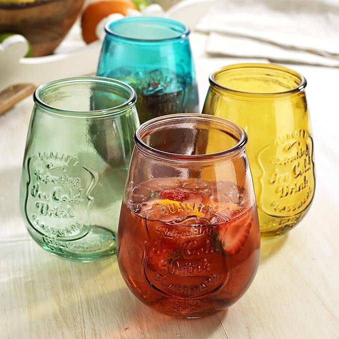 Glaver's Stemless Wine Glasses Set of 4 – 21oz Assorted Colored Wine Tumblers– Unique Embossed Logo, Vintage Cute Wine Glasses for, Beer, Juice, Cocktails, Fresh Drinks, Beverages, and more.