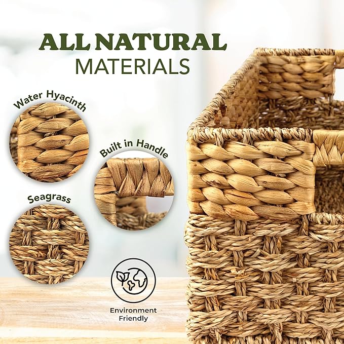 Large Wicker Storage Basket with handles, Natural, Woven, Seagrass and Hyacinth Organizing Baskets for Shelves, Pantry, Living Room - Large Size - 17x11x7.5 in