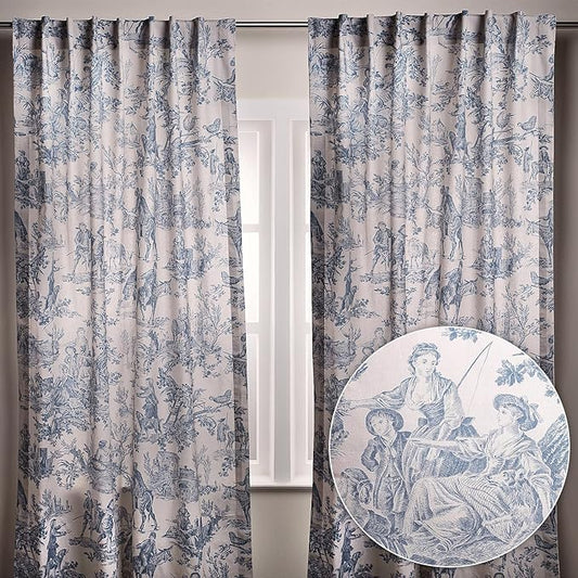 Maison d' Hermine Curtains for Living Room 100% Cotton 84 inch Length Two Panels Light Filtering Toile Curtains for Bedroom Windows with Rod and Loop Pockets Drapes (The Miller Denim, 50" W x 84" L)