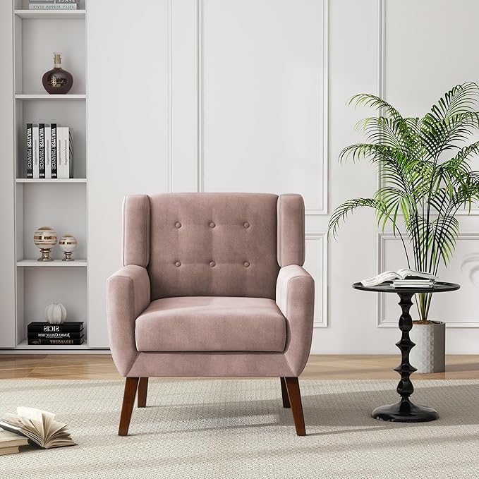 UIXE Velvet Accent Chairs Set of 2, Modern Arm Chair Mid-Century Living Room Armchair, Comfy Upholstered Button Tufted Reading Seat Bedroom Side Sitting, Skin Pink