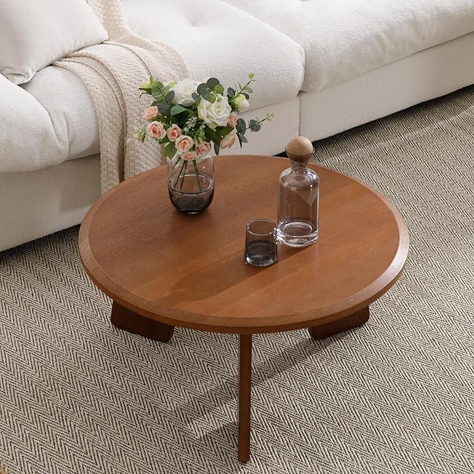 Mid Century Modern Coffee Table Wood Living Room Table Cute Round Coffee Table Center Table Side Table for Living Room Office Reception Room, Walnut