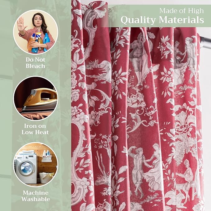 Maison d' Hermine Curtains for Living Room 100% Cotton 108 inch Length One Panel Light Filtering Toile Curtains for Bedroom Windows with Rod and Loop Pockets Drapes (Joli Jouy Red, 50" W x 108" L)