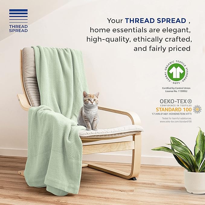 THREAD SPREAD Organic GOTS Cotton Certified Blanket, King/Cal King - 350GSM, Oversized Antistatic, Fuzzy Soft, Couch, Bed, Luxurious Herringbone All-Season Throw, Sage Green, Free Tote Bag