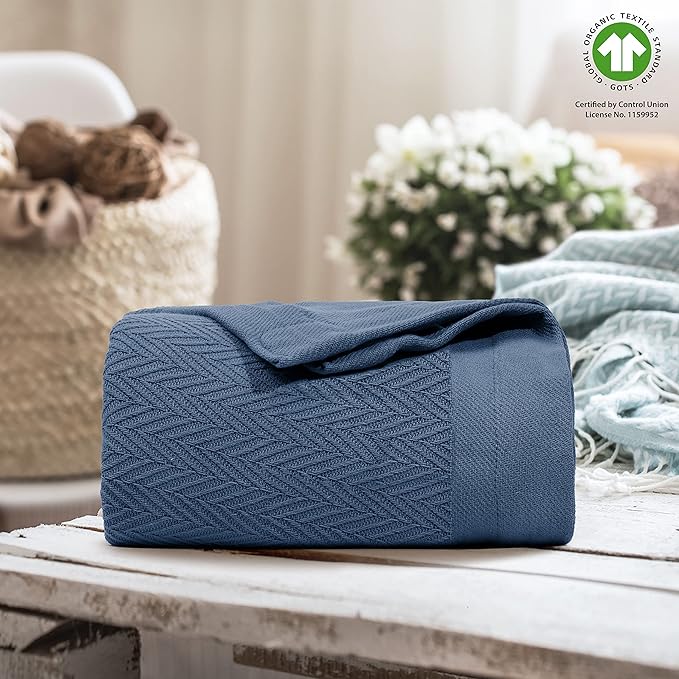THREAD SPREAD Organic GOTS Cotton Blanket, Full/Queen - 350 GSM, Antistatic, Fuzzy Soft, Lightweight, Sofa, Camping & Travel, Perfect Herringbone All Seasons Throw, Medium Blue with Free Tote Bag