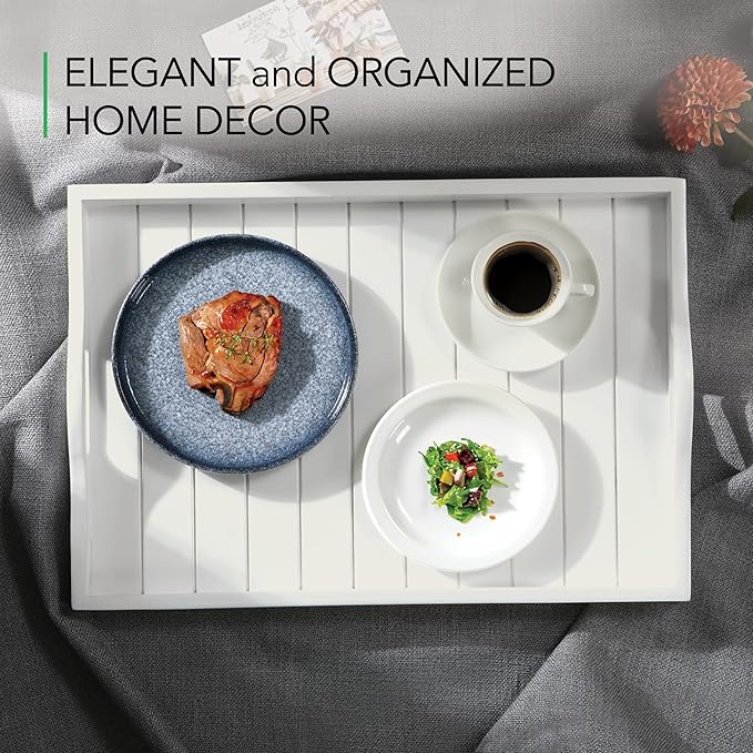 Large Wooden Serving Tray with Handles 20 x 14 inch Decorative Coffee Table Ottoman Tray for Living Room Extra Large for Kitchen Dinner Food Bar Breakfast in Bed (Color White)