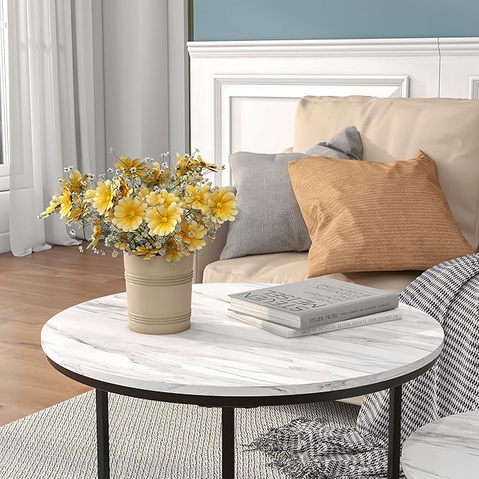 HOJINLINERO Nesting Round Coffee Table Set of 2 End Tables for Living Room,Circular and Marble Coffee Table Wooden Accent Furniture with Metal Frame,Stacking Side Tables,Black