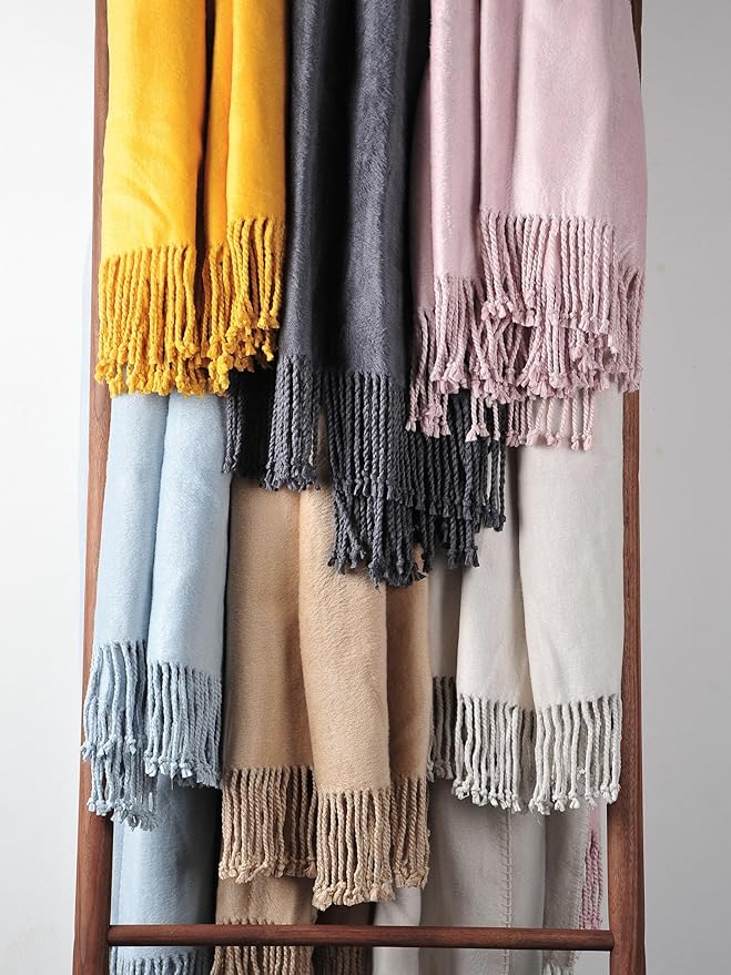 EP Mode Fringed Mulberry Silk Throw Blanket for Sofa (Cameo Pink)