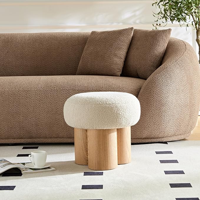 Small Round Foot Stool, Teddy Fabric Ottoman with Non-Skid Legs, Modern Footrest for Under Desk, Sofa Couch, Shoe Changing Bench for Entryway, Living Room, Bedroom, Office (Beige)