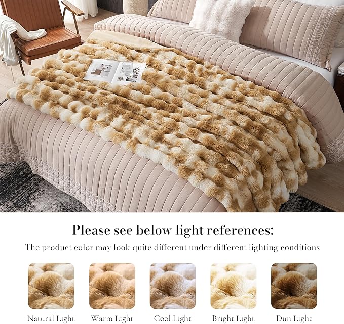 Amélie Home Faux Fur Throw Blanket for Couch, Ultra Soft Fuzzy Plush Bubble Throw for Sofa, Living Room & Home Decor, 50"x60", Tie-dye Kahki