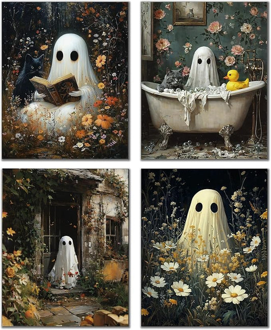 DOFQZ Ghost Halloween Bathroom Wall Art Prints Set of 4, Halloween Bathroom Decor, Dark Academia Cottagecore Floral Spooky Ghost Posters for Bath Room Washroom Decor, 8x10 Unframed