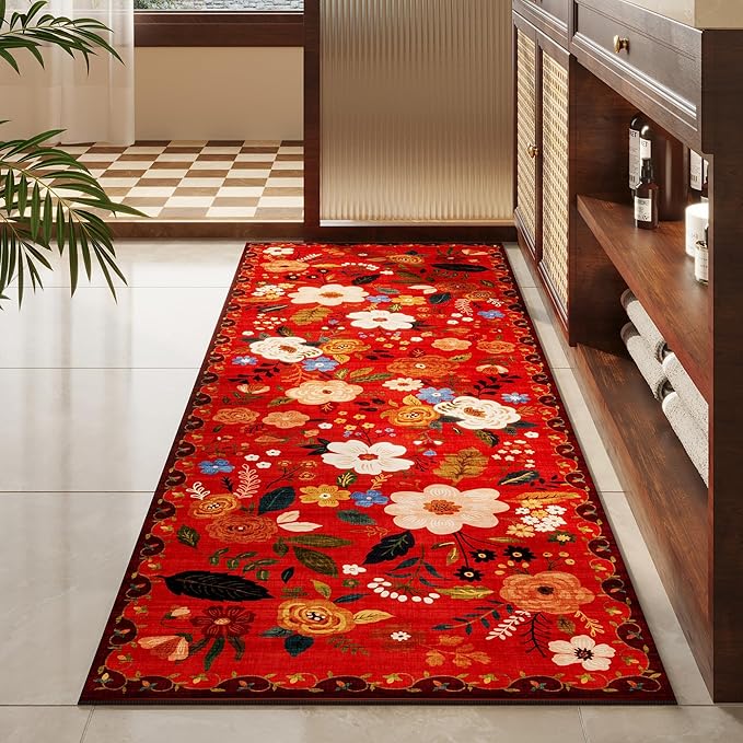 Rugcomf Runner Rug for Hallways Kitchen Rug Non Slip 2'6''x8' Washable Runner Rugs with Rubber Backing Soft Floral Carpet Runner for Hallways, Kitchen, Laundry, Bedroom, Bathroom(Red)
