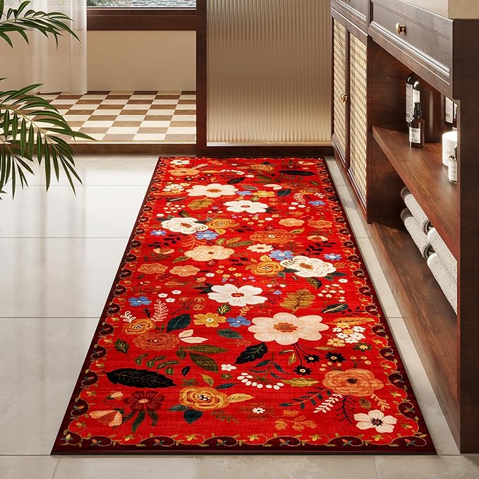 Rugcomf Runners for Hallways Kitchen Runner Rug Non Slip 2'x 10' Long Washable Rugs with Rubber Backing Soft Floral Carpet Runner for Hallways, Kitchen, Laundry, Bedroom, Bathroom(Red)