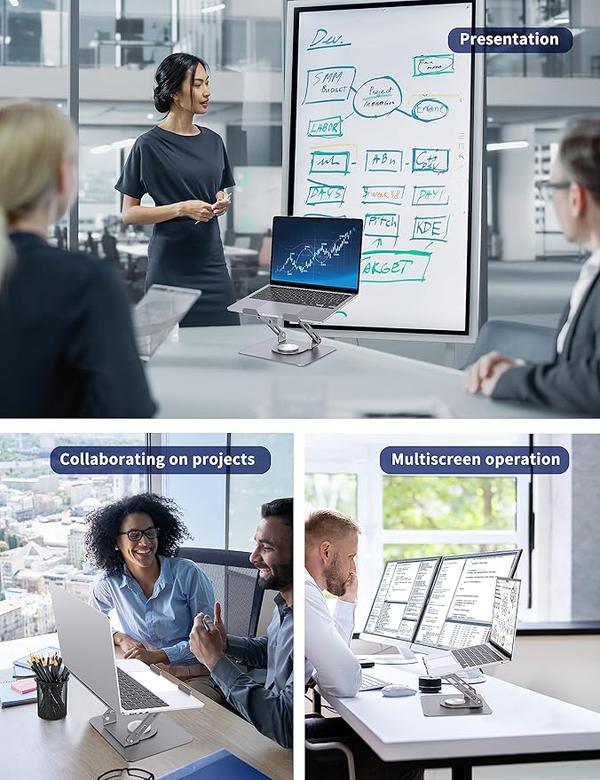 SOUNDANCE Laptop Stand with 360° Rotating Base, Ergonomic Computer Riser for Desk, Adjutable Height Muti-Angle, Foldable Laptop Mount, Stable Metal Holder Support 10-15.6" Notebook PC, Silver Grey