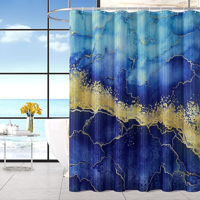 Marble Shower Curtain, Blue Marble Shower Curtain Set with 12 Hooks, Abstract Luxury Blue Marble with Gold Veins Texture Shower Curtains for Bathroom, Waterproof Fabric, 72" W X 72" L