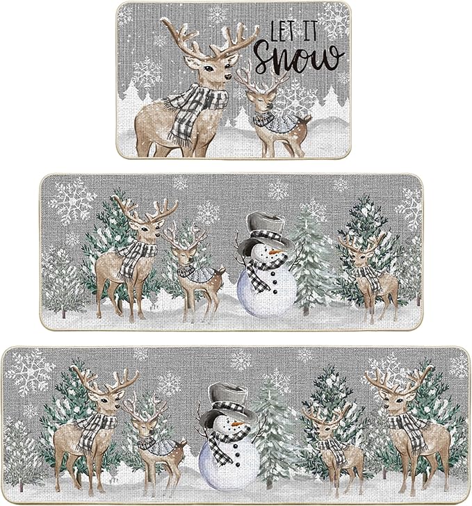 Artoid Mode Deer Tree Let It Sonw Snowflakes Christmas Kitchen Mats Set of 2, Winter Decor Low-Profile Kitchen Rugs for Floor - 24"x36"+24"x59"+24"x72"