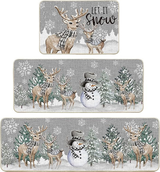 Artoid Mode Deer Tree Let It Sonw Snowflakes Christmas Kitchen Mats Set of 2, Winter Decor Low-Profile Kitchen Rugs for Floor - 24"x36"+24"x59"+24"x72"