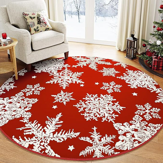 Round Area Rug 3ft Red Christmas Entryway Carpet 3x3 Circle Rug Snowflake Indoor Kitchen Washable Door Mat Living Room Carpet Decorative Holiday Decor Dining Room Bathroom