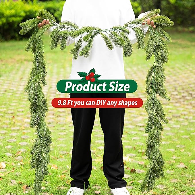 9.8 Ft Christmas Norfolk Pine Garlands, Single Fork Norfolk Pine Realistic Touch Garland, Artificial Pines Greenery Garland for Christmas Table Fireplace Wall Home Decoration