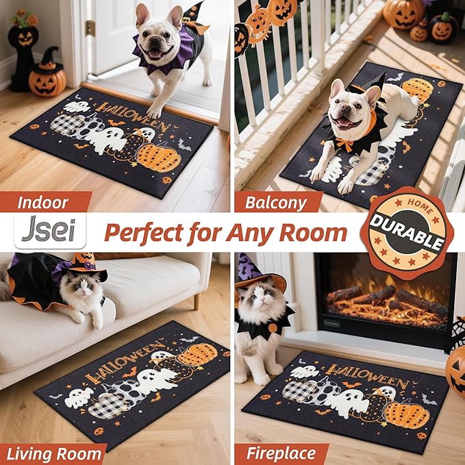 JSEI Halloween Holiday Doormat, 17''x30'' Non-Slip Ghost and Pumpkins Decorative Welcome Mats for Floor, Low-Profile Entryway Rugs Washable, Pumpkins Party Pattern