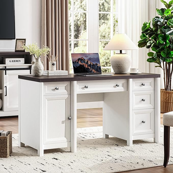 58” Executive Office Desk with Storage, White Home Office Desk with 5 Drawers, Farmhouse Writing Table with Cabinet Adjustable Shelf, White & Walnut Wooden Desk, Workspace for Study Writing