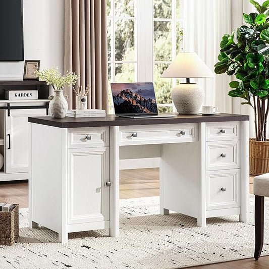 58” Executive Office Desk with Storage, White Home Office Desk with 5 Drawers, Farmhouse Writing Table with Cabinet Adjustable Shelf, White & Walnut Wooden Desk, Workspace for Study Writing