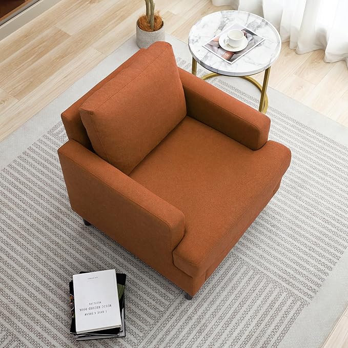 Mid-Century Accent Chair,Modern Linen Fabric Armchair for Living Room,Comfy Upholstered Reading Accent Chairs for Bedroom,Single Sofa Chair with Wood Legs (Orange, 1 Pack)