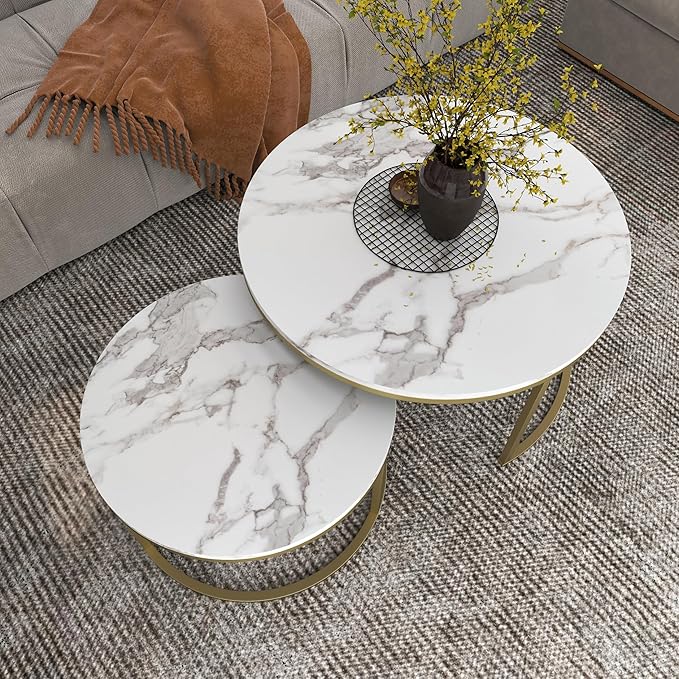 Nesting Coffee Table Set of 2, 31.5" Round Coffee Table Wooden Marble Pattern Accent Furniture, Industrial End Table for Living Room Bedroom Balcony (White/Gold)